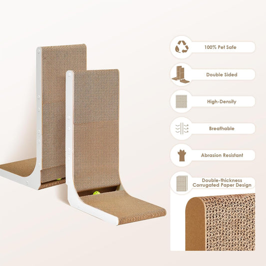 EHEYCIGA Cardboard Cat Scratcher for Indoor Kitten Cats, 19 Inch L Shaped Vertical Cat Scratching Board with Ball Cat Toy, Small Cat Scratcher Pad, White