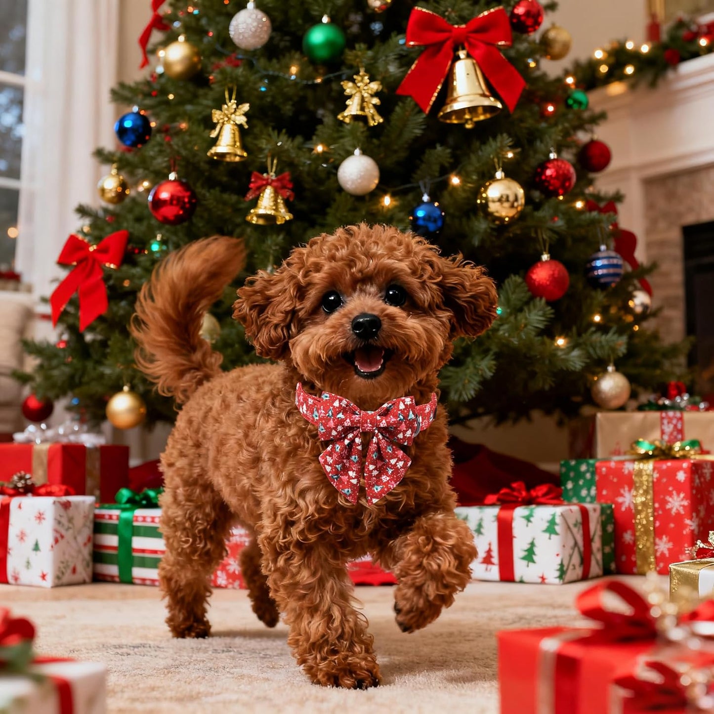 Lionet Paws Christmas Dog Collar with Sailor Bow, Cute Christmas Tree Red Dog Collar Bow Tie for X-Large Dogs, Neck 16-26 inches