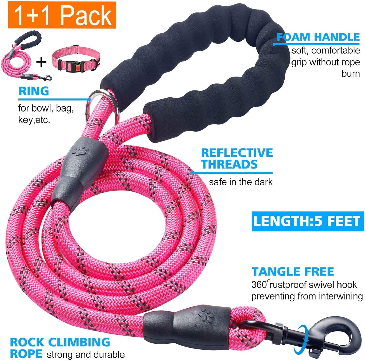 Heavy Duty Dog Leash - Comfortable Padded Handle, 5 ft Long - Dog Leashes for Small Medium Large Dogs (Leash+Collar S Neck 13.5"-16", Pink)