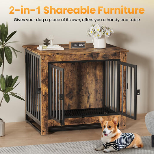 Dog Crate Furniture, Dog Crate End Table for Small and Medium Dogs,Wooden Cage Kennel Furniture Indoor, Modern Dog Crate with Multi-Purpose Removable Tray, Double-Doors Dog Furniture, Rustic Brown