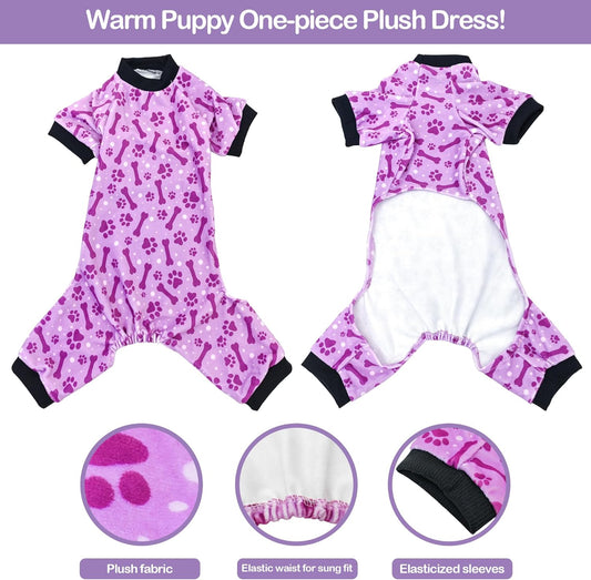 PET SHOW 4 Pack Small Dog Pajamas Paw Bone Patterns Cute Clothes for Medium Dogs Soft Fleece Stretchy PJs 4 Legged Jumpsuit Puppy Cats Onesies Outfits with Sleeve Dachshund Doggies Girl Boy (Large)