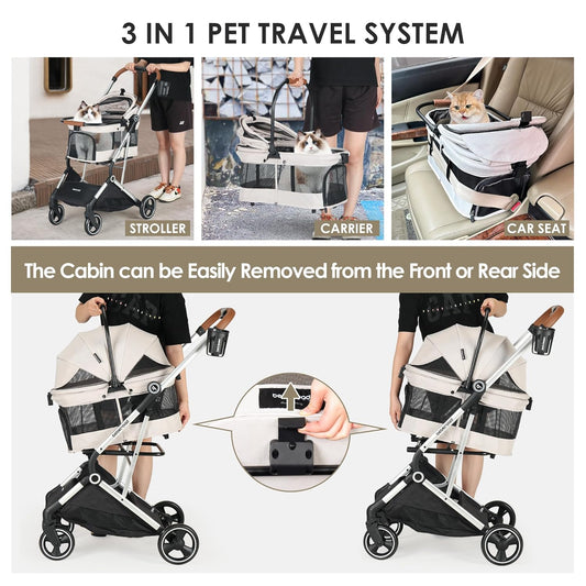 T3 Pro 3-in-1 Small Pet Stroller for Dog & Cats, 4 Wheels with Detachable Carrier with Pad, Canopy and Cup Holder, Beige & Net Wall