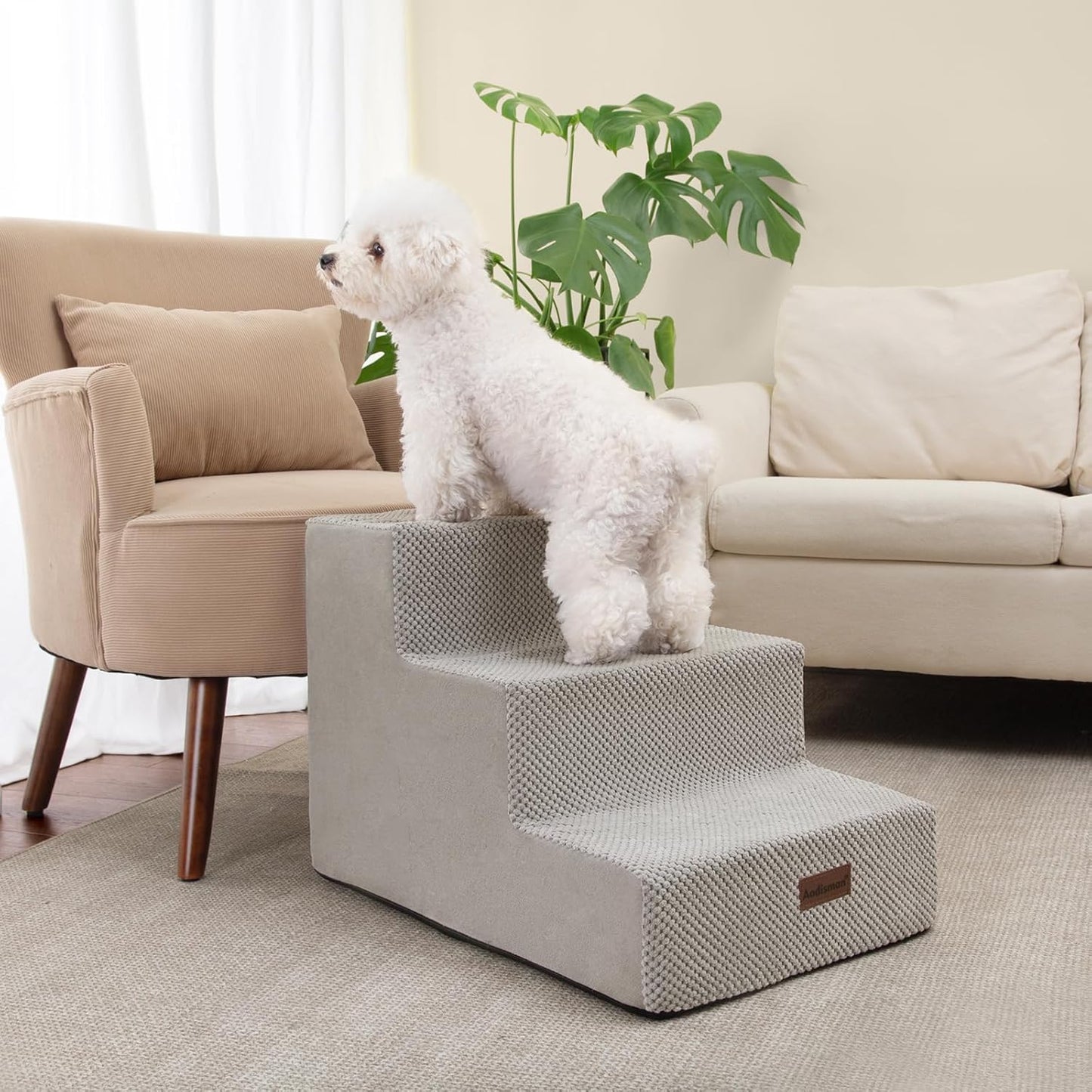 Dog Stairs for Small Dogs & Cats, 3-Step Extra Wide Non-Slip Pet Steps for Couch Sofa and Chair, Light Grey, 15.7" H
