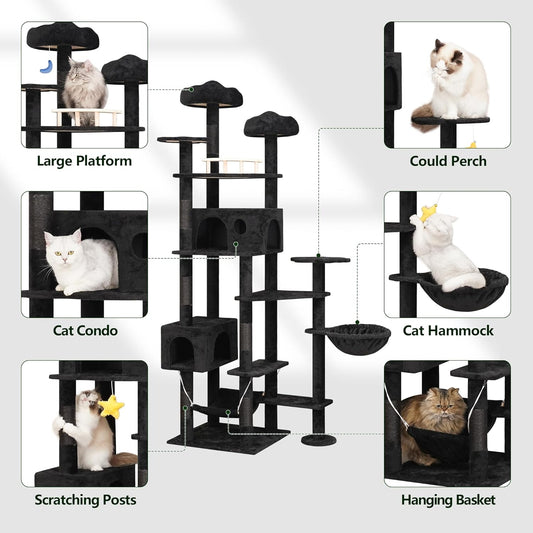 85inch Giant Cat Tree for Heavy Duty Big Cats, Multi-Level Luxury Cat Tower with Scratching Post, Cat Condo with Hammocks & Plush Perches for Indoor Cats Large Adult, Black