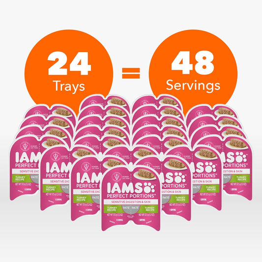 IAMS Perfect Portions Sensitive Digestion & Skin Adult Wet Cat Food Pate, Turkey Recipe, 2.6 oz. Easy Peel Twin-Pack Trays (24 Count, 48 Servings)