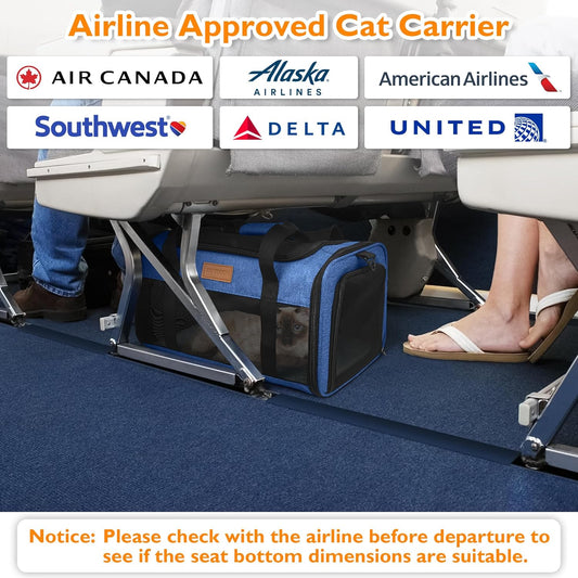 PETUX TSA Approved Pet Carrier in Cabin, 17"x11"x9.5" Soft Cat Carriers for Small Cats up to 12 lb, Top-Open Portable Dog Carrier with Litter Box and Anti-Scratch Mesh for Puppy up to 10 lb (Blue)