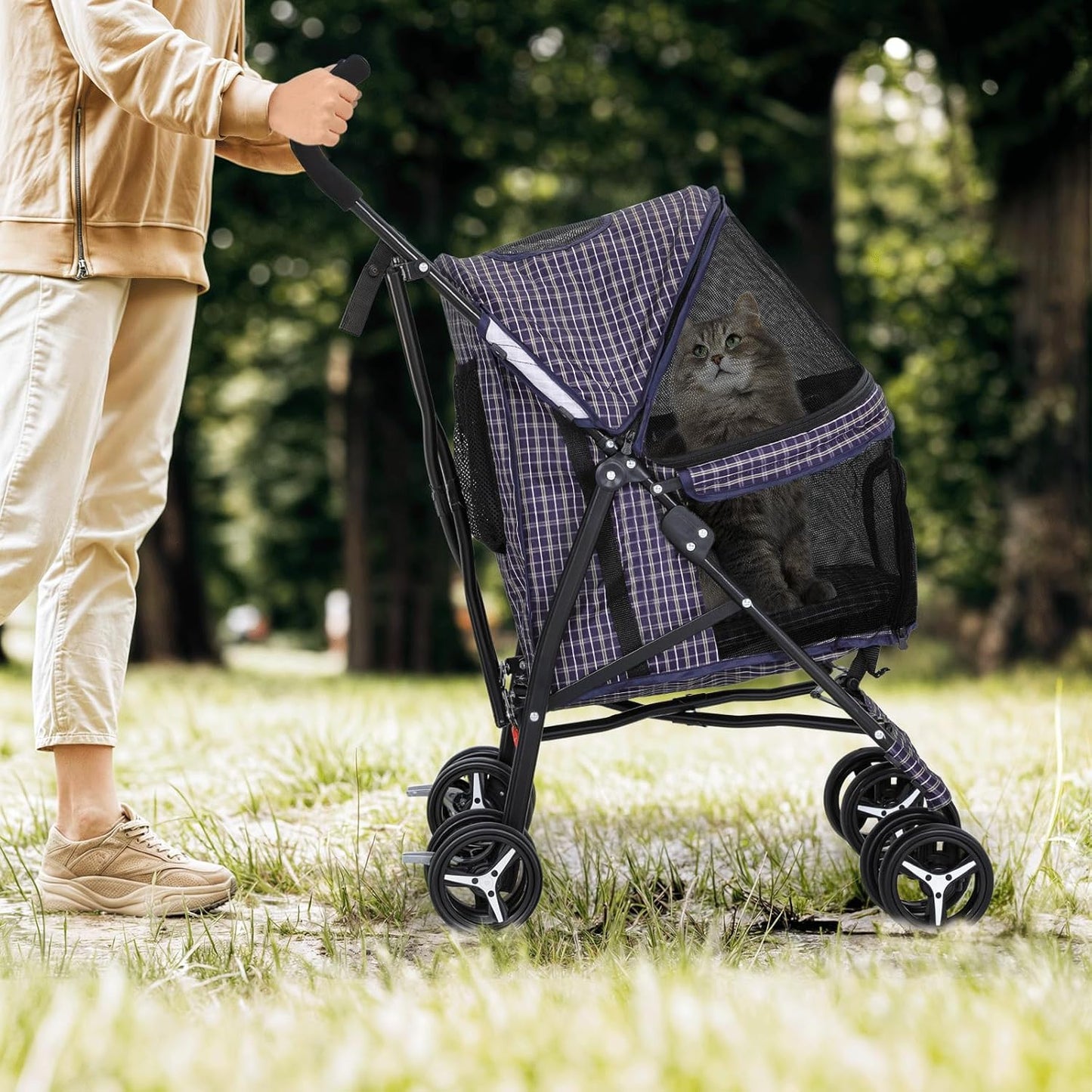 Magshion Compact Pet Stroller for Small-Medium Dogs/Cats up to 22lbs, 4-Wheel Lightweight Umbrella Shaped Portable Puppy Travel Jogger with Breathable Mesh & Rear Storage, Plaid