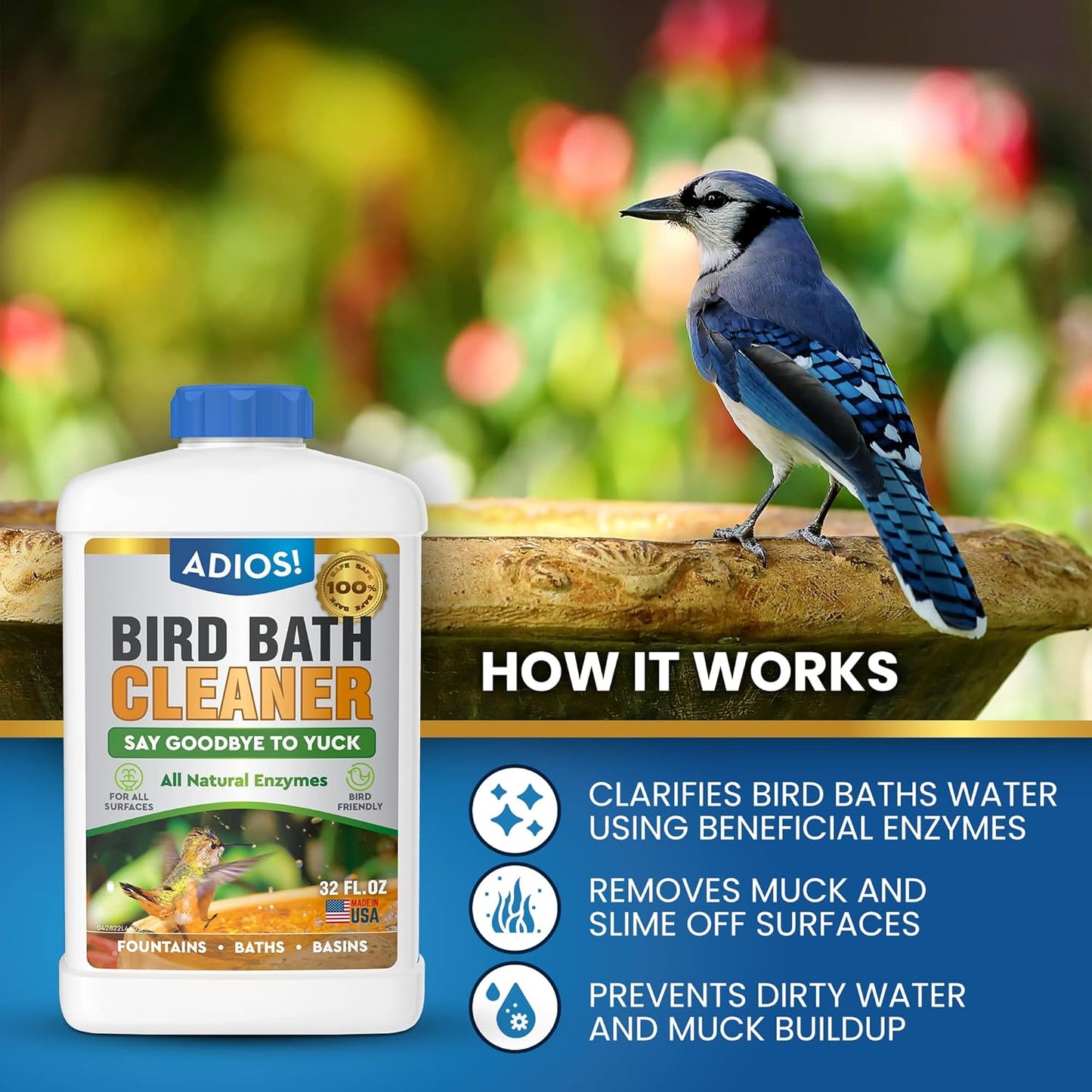 Bird Bath Cleaner for Outdoor Fountains and Bowls, Safely Cleans Metal, Glass and Stone (16oz)