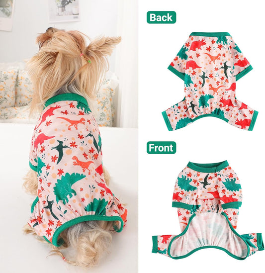 Dog Pajamas Small Sized Dogs Stretchable Summer Dog Clothes Pjs 4 Legs Girl Boy Cute Soft Puppy Outfits Doggie Cat Jammies Jumpsuit Sleeper for Pet, Dinosaur, M
