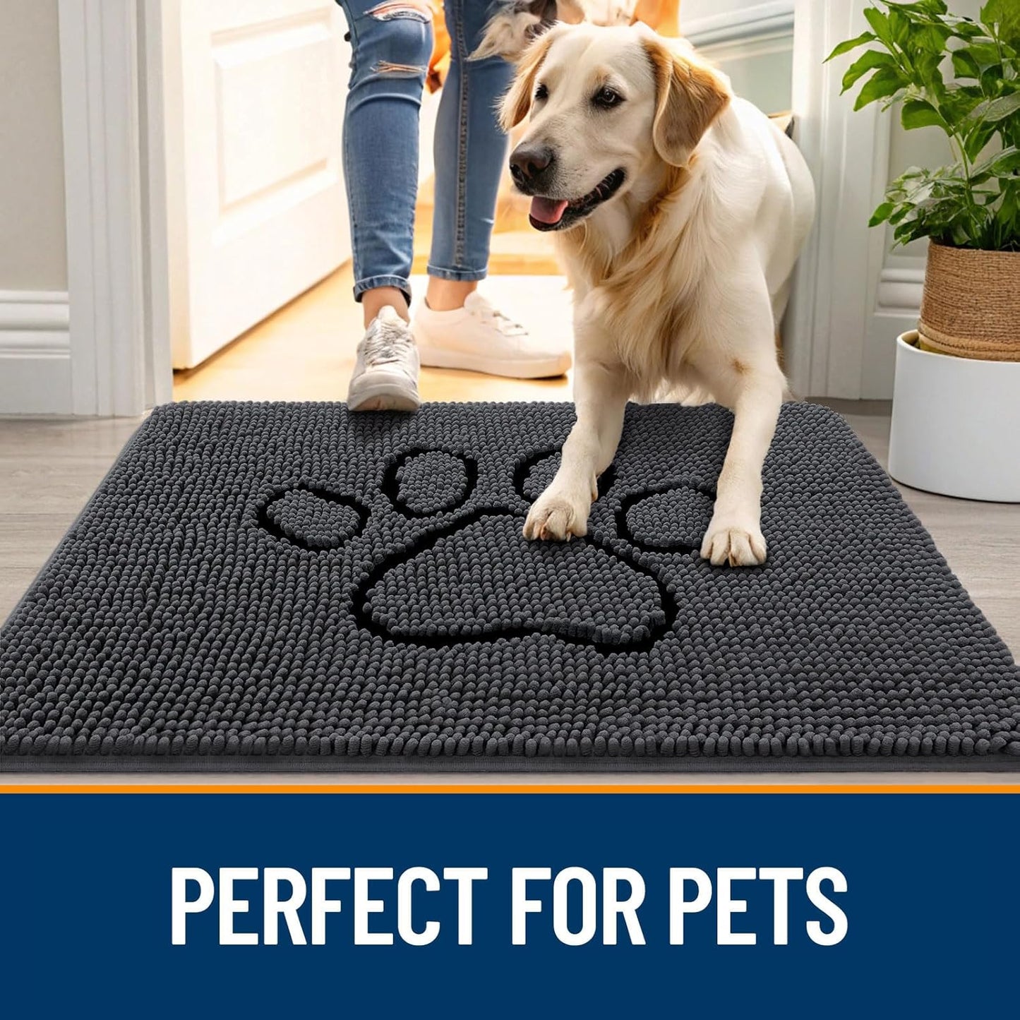 OLANLY Door Mat for Muddy Dog Paws 48x30, Absorbent Chenille Doormat with Paw Print Design, Non-Slip Washable Doormat for Indoor Entryway, Quick-Dry Pet Bed Mats for Dirty Dogs, Dark Grey and Black