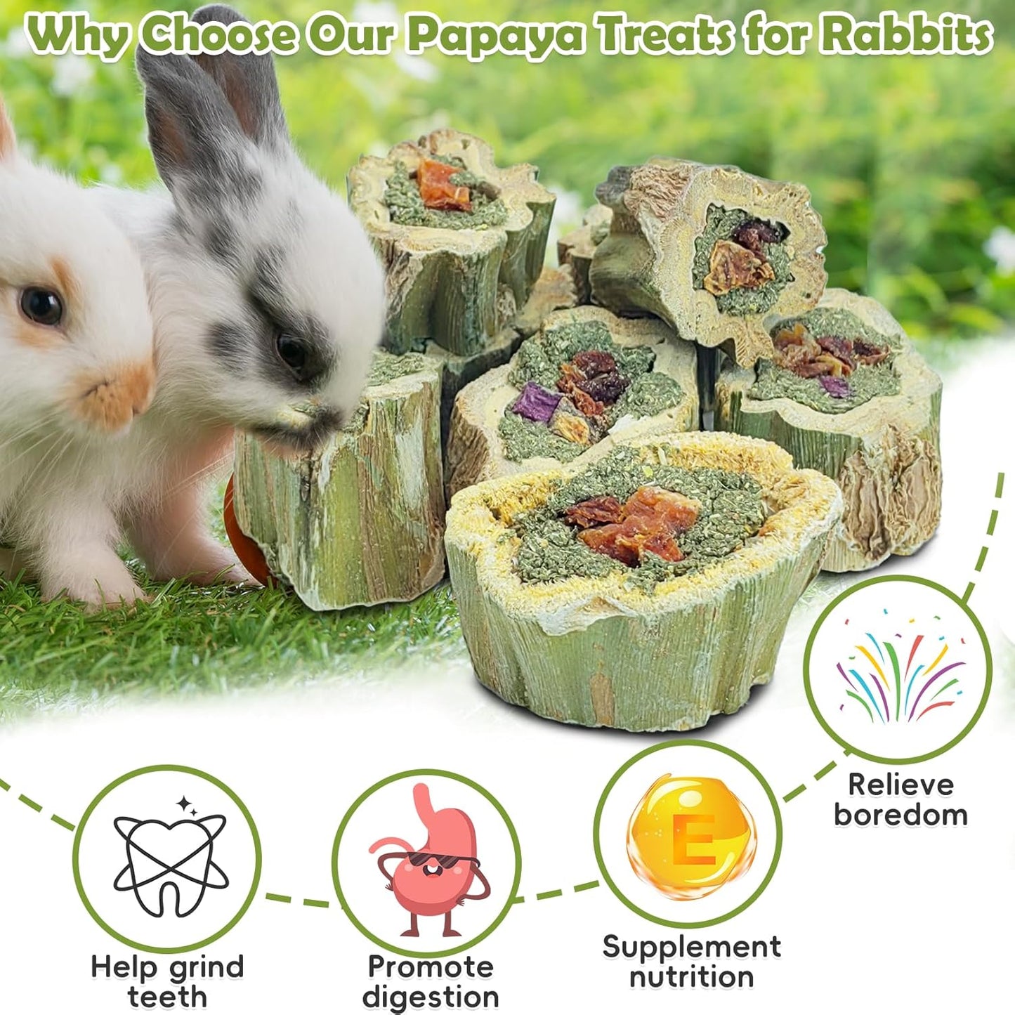 Fhiny Rabbit Chew Toys Natural Baked Papaya Wood Bunny Molar Treats Contain Alfalfa Grass Apple Carrot and Purple Sweet Potato Filling for Hamsters Guinea Pigs Chinchillas Teeth Grinding(0.22 lb)