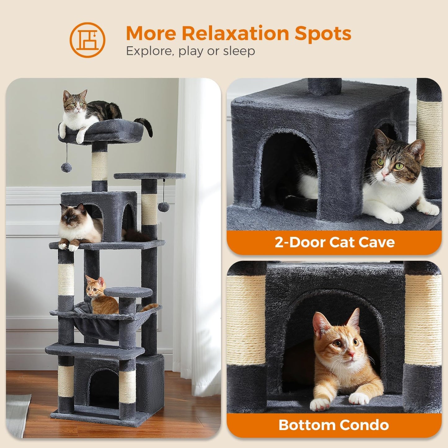 PAWZ Road Cat Tree, 53.5 Inches Tall Cat Tower with Spacious Hammocks, Condos and Scratching Posts, Cat House with Dual Padded Perches for Indoor Large Cats-Dark Gray