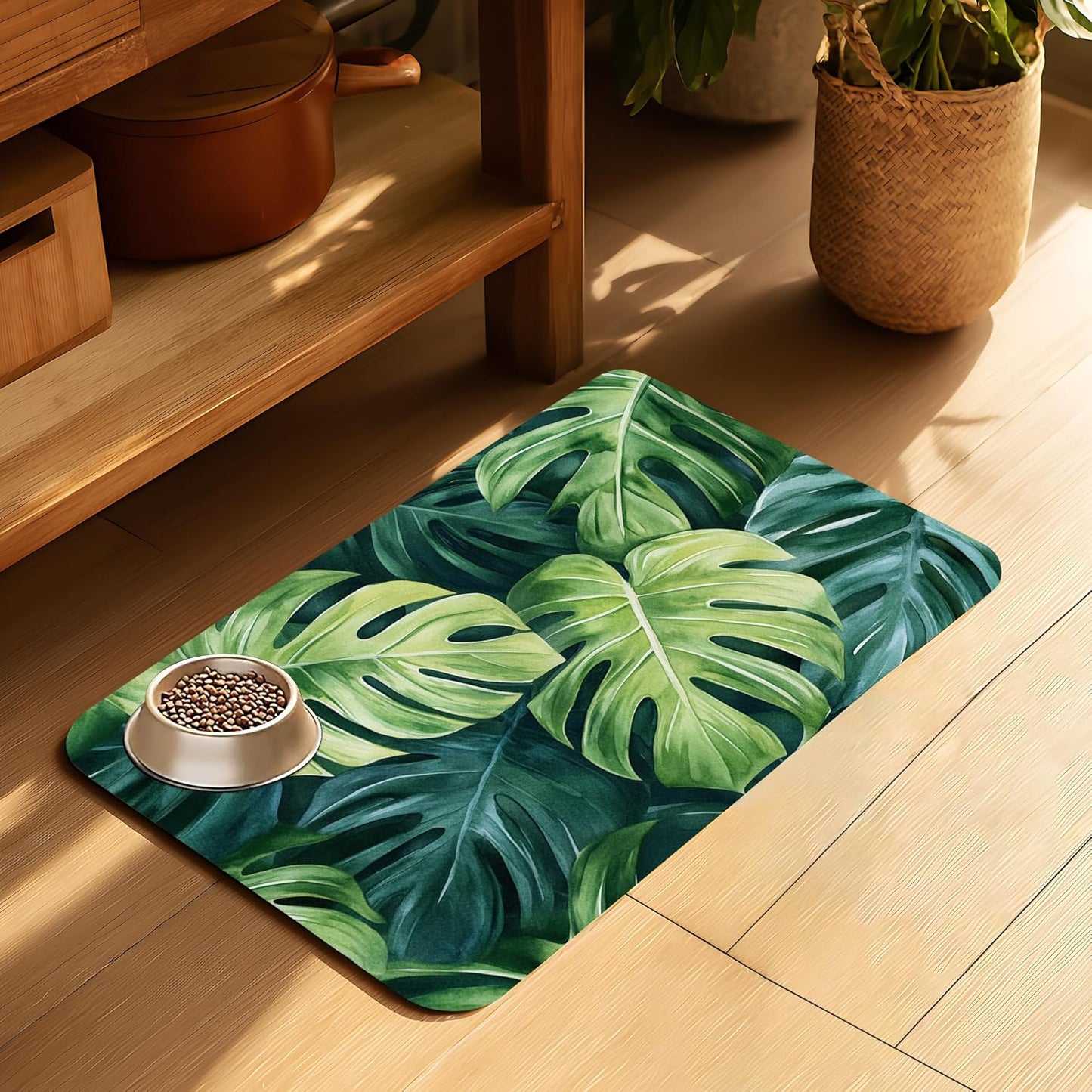 Tropical Palm Leaves Pet Feeding Mat-Quick Dry Absorbent Dog Cat Food Mat, Anti-Slip Water Bowl Mats for Messy Eaters-No Stains Indoor Pet Accessories 12"x20"