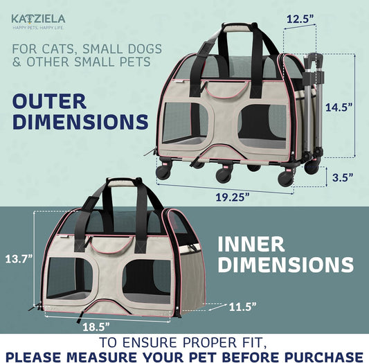 Katziela Pet Carrier - Airline Compliant Dog Carrier - TSA Approved Pet Carrier for Small Dogs and Cats - Soft FAA Travel Airplane Dog Carrier Luggage (Gray/Pink-6 Wheels)