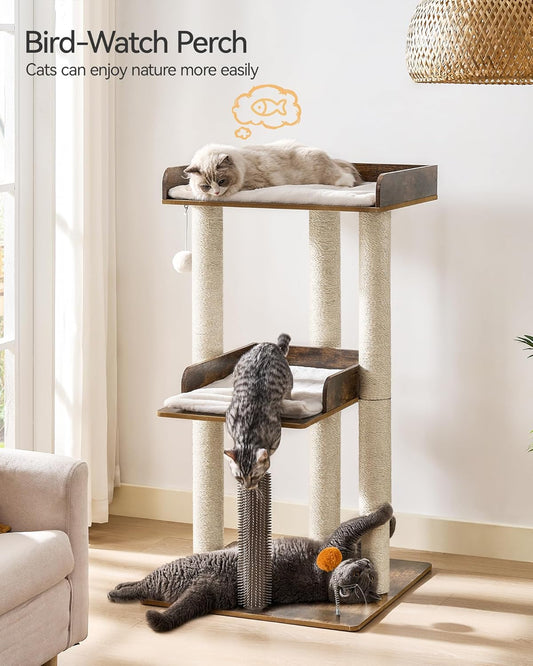 FourFurPets 43.7" Cat Tree, Modern Cat Tree Tower, Cat Tower for Indoor Cats Large Adult, Cat Condo with Scratching Post, Large Perch and Removable Pads,Rustic Brown