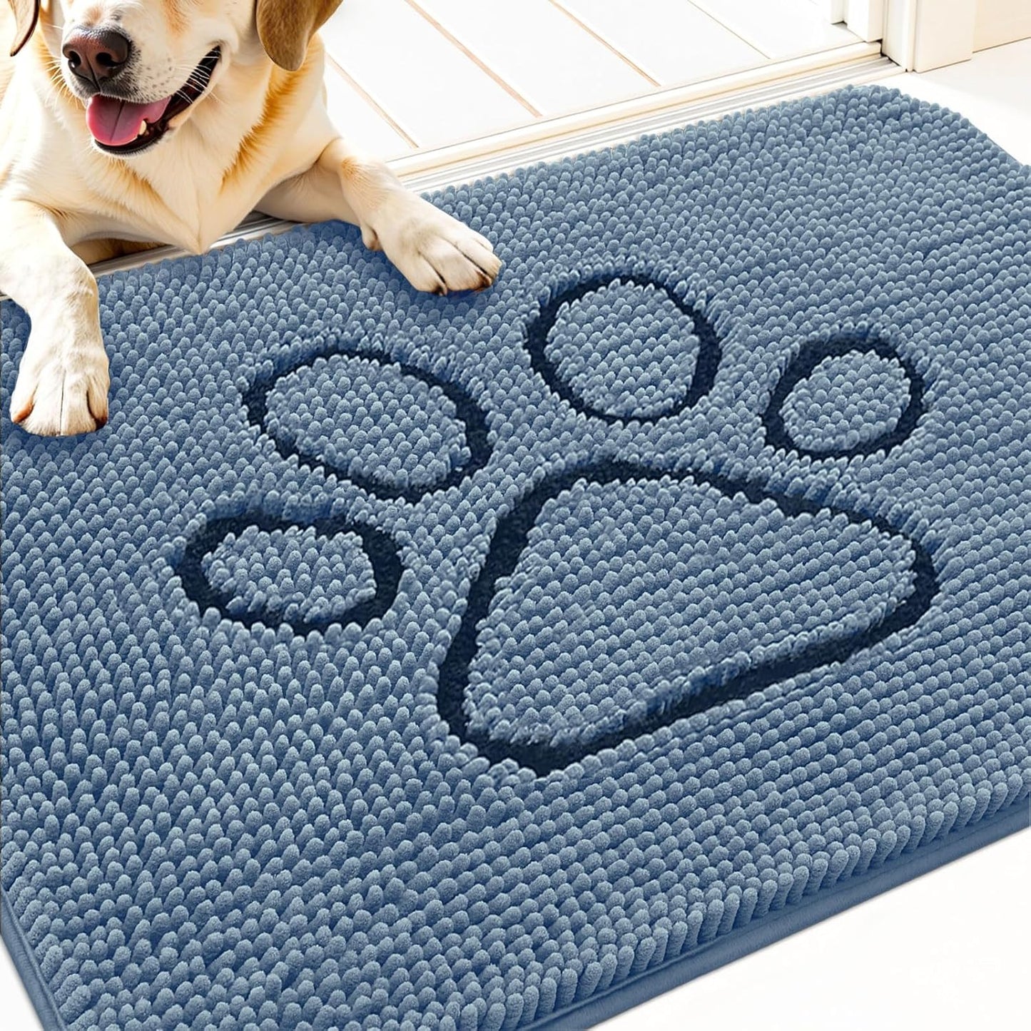 OLANLY Door Mat for Muddy Dog Paws 30x20, Absorbent Chenille Doormat with Paw Print Design, Non-Slip Washable Doormat for Indoor Entryway, Quick-Dry Pet Bed Mats for Dirty Dogs, Airy Blue and Black
