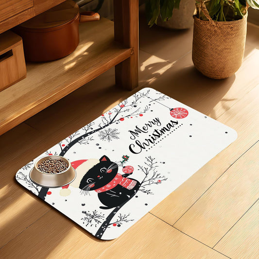 Christmas Black Cat Pet Feeding Mat-Quick Dry Absorbent Dog Cat Food Mat, Anti-Slip Water Bowl Mats for Messy Eaters-No Stains Indoor Pet Accessories 12"x20"