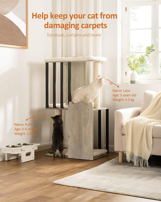 FourFurPets 43.8in 3-Tier Modern Cat Tree Tower Condo, Cat Scratch Posts for Indoor Cats, Big Plate, Two 19.7in Full Sisal Scratching Posts, Greige