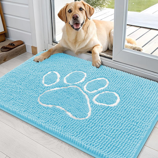 OLANLY Door Mat for Muddy Dog Paws 36x24, Ultra Absorbent Chenille Mud Doormat with Paw Print Design, Non-Slip Washable Doormat for Indoor Entryway, Quick-Dry Pet Bed Mats for Dirty Dogs, Blue