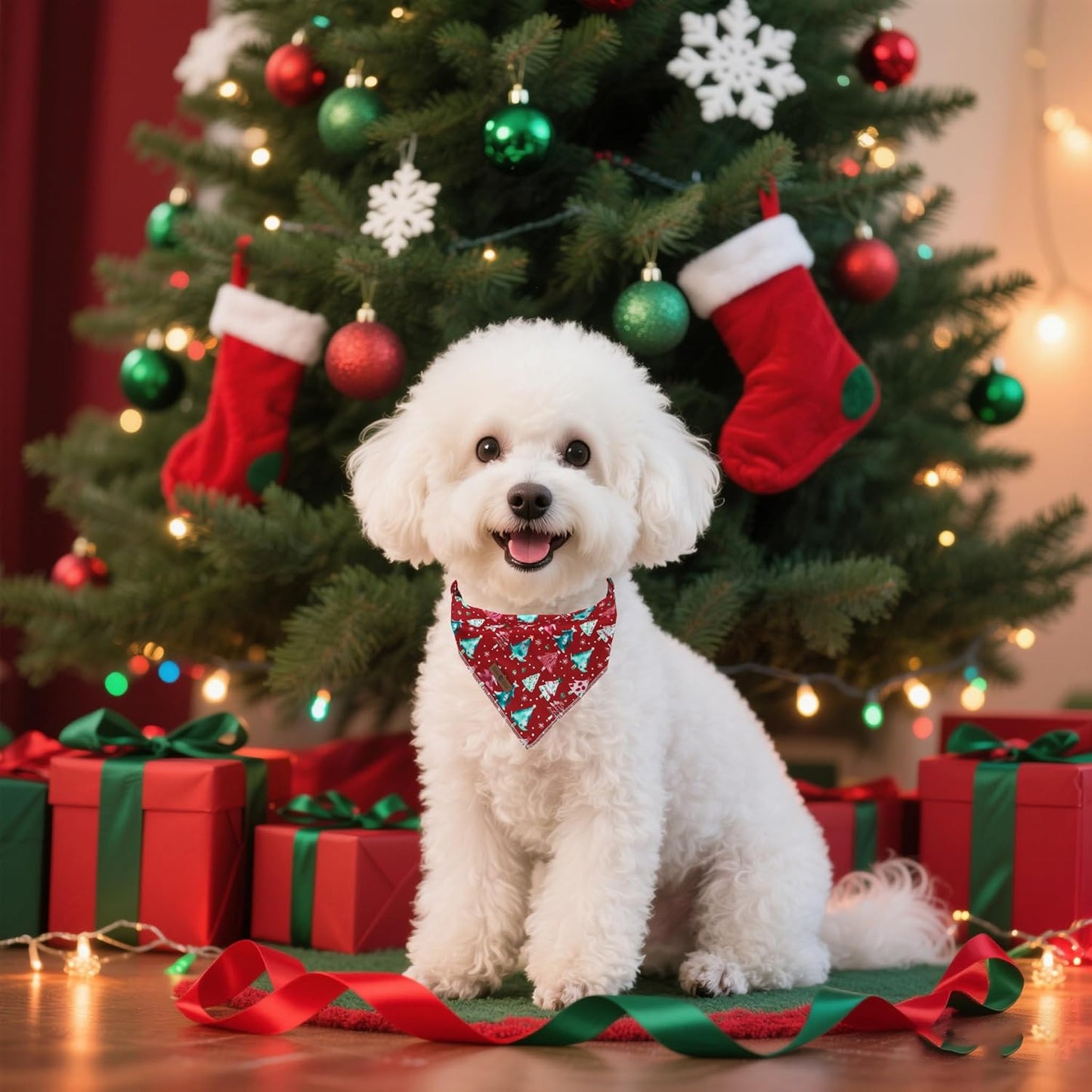 lionet paws Christmas Dog Bandana,Christmas Tree Fabric Dogs Kerchief for Medium Large Dogs,Dog Cotton Red Triangle Bibs Scarf for Girl Boy