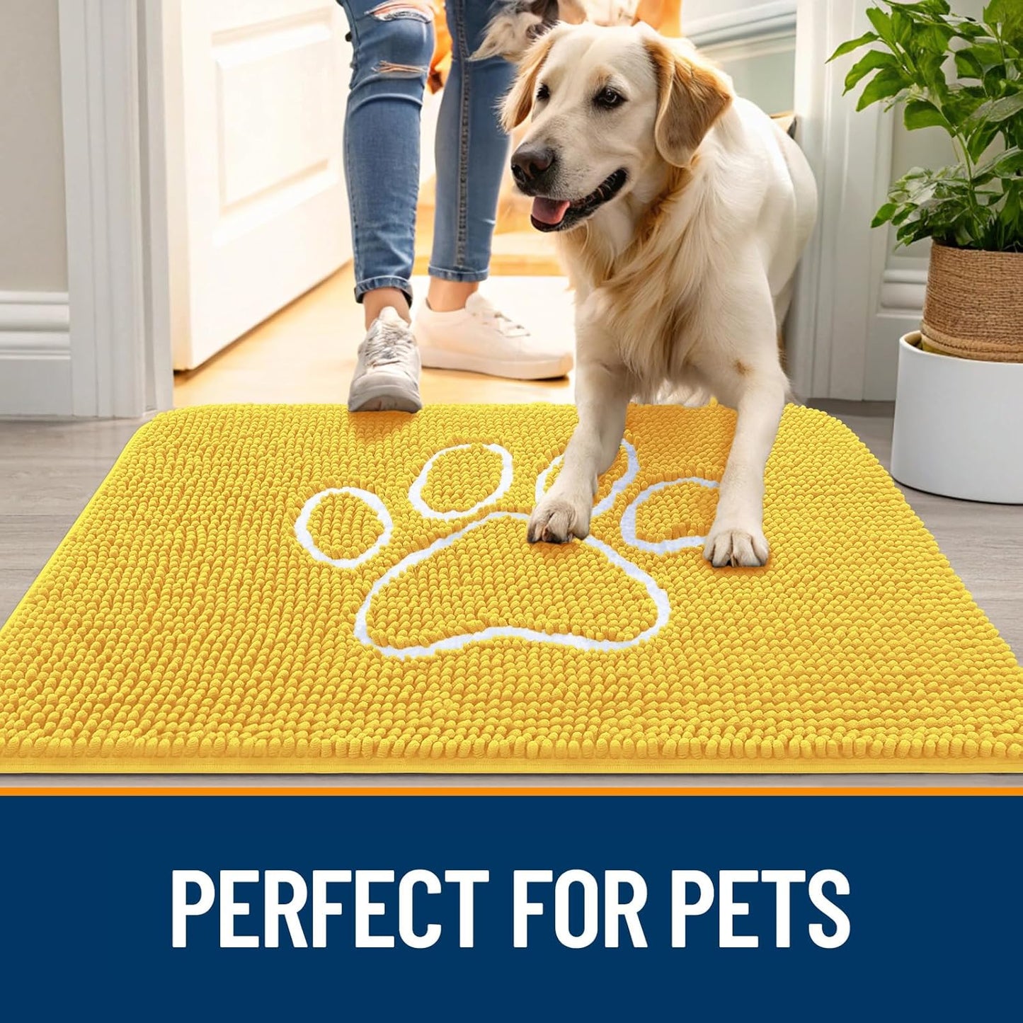 OLANLY Door Mat for Muddy Dog Paws 36x24, Ultra Absorbent Chenille Mud Doormat with Paw Print Design, Non-Slip Washable Doormat for Indoor Entryway, Quick-Dry Pet Bed Mats for Dirty Dogs, Yellow