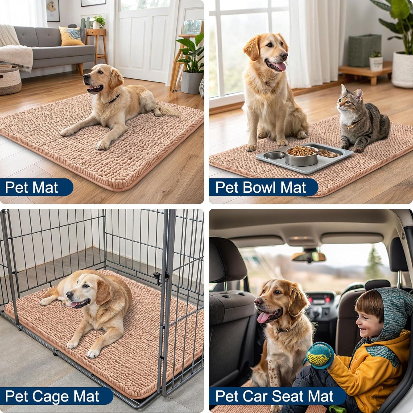 Smiry Dog Door Mat for Muddy Paws 48x30, Absorbs Moisture and Dirt Doormat, Non-Slip Washable Quick Dry Chenille Front Door Mat Indoor Entrance, Entryway Carpet for Inside Floor, Peach