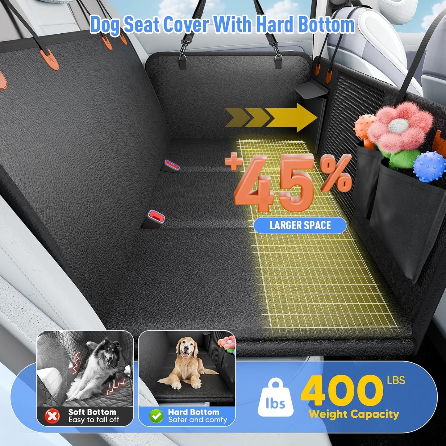 Back Seat Extender for Dogs, Dog Car Seat Cover for Back Seat with Hard Bottom,Waterproof Hammock for Car Pet Backseat Protector,Upgraded PU Leather Material for Car & SUV(Holds 400lbs)