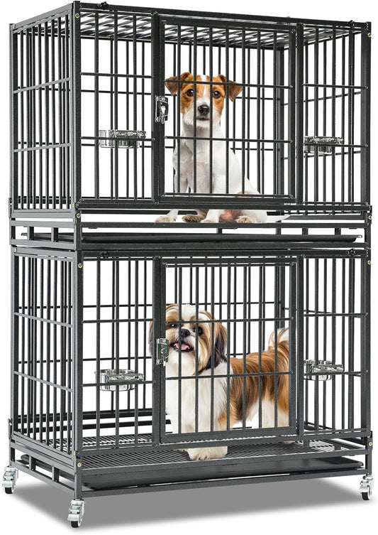 Homey Pet 37 Inch Heavy Duty Dog Crate Indestructible, Collapsible Dog Cage with Lockable Wheels, Removable Tray, High Anxiety Dog Kennel Indoor, Two Tiers Stackable Dog Crates for Medium Dogs