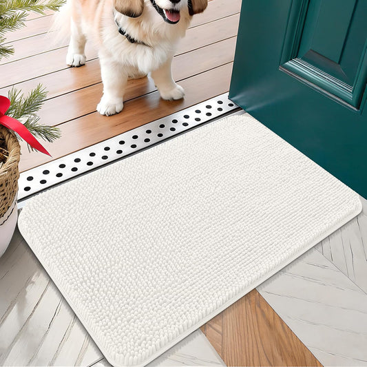 OLANLY Dog Door Mat for Muddy Paws 30x17, Absorbs Moisture and Dirt, Absorbent Non-Slip Washable Doormat, Quick Dry Chenille Mud Mat for Dogs, Entry Indoor Entryway Carpet for Inside Floor, Ivory