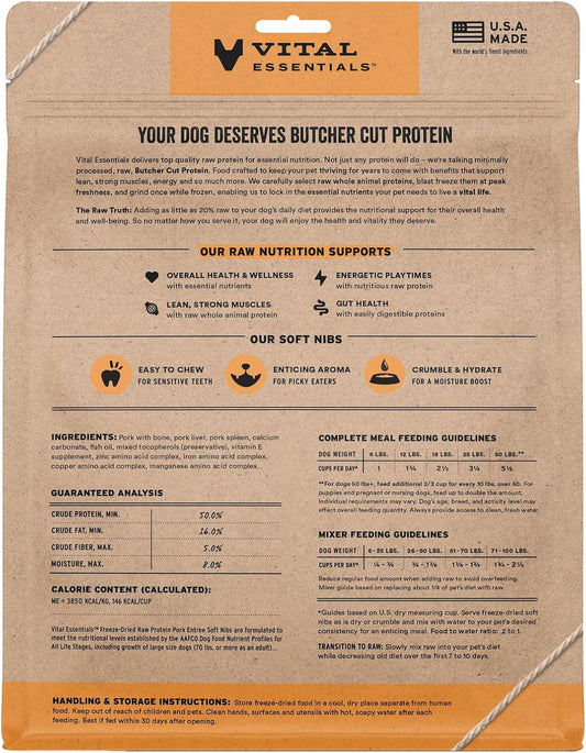 Vital Essentials Freeze-Dried Raw Pork Entree & Mixer Dog Food Soft Nibs | 99% Pork, Organs & Bone | 14 oz