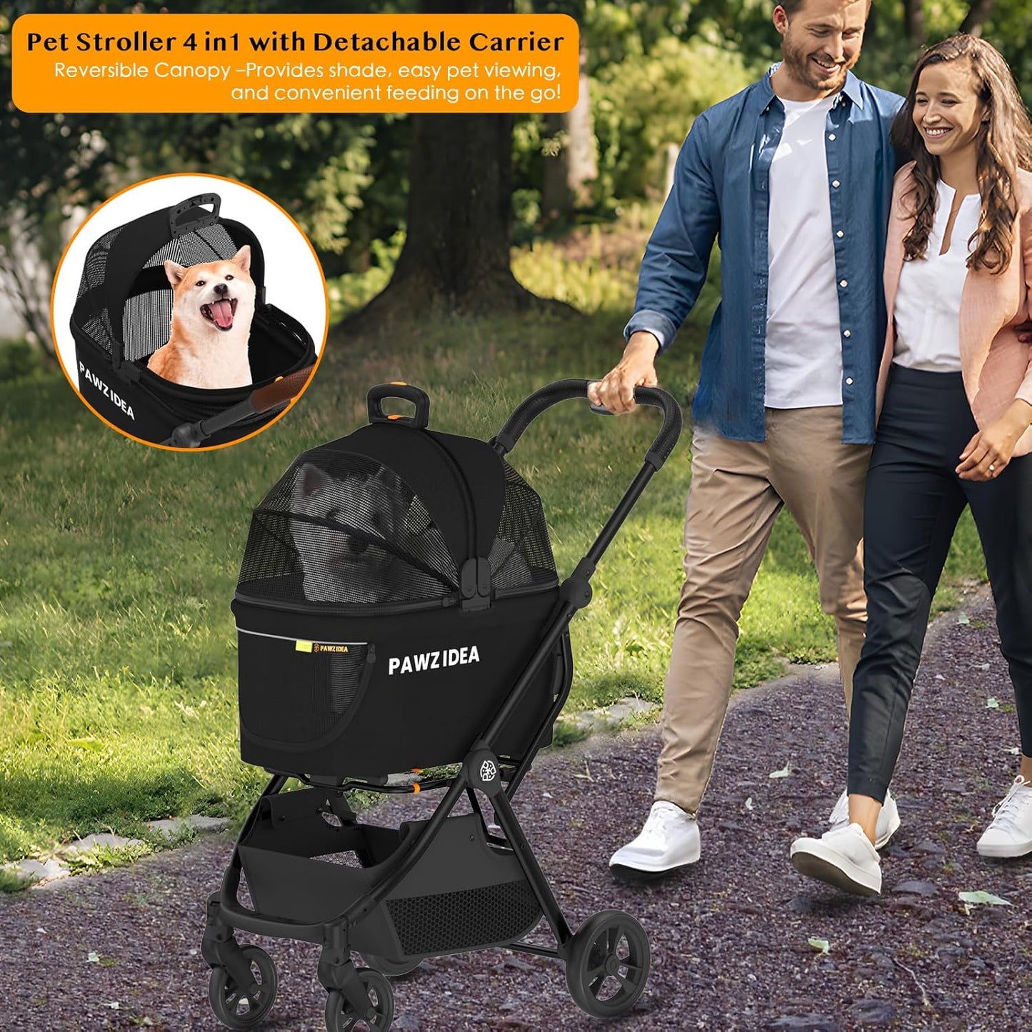 PAWZIDEA Pet Stroller 4 in 1, Dog Strollers for Small/Medium Dogs/Cats with Detachable Carrier NO-Zip Canopy, Seatbelt Puppy Car Seat Combo, Foldable & Lightweight Jogger Cat Strollers, Storage Basket