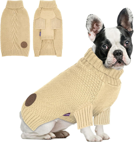 cyeollo Dog Sweater Turtleneck Knitted Sweaters with Leash Hole Winter Dog Clothes Sweaters for Small Dogs, Beige XL