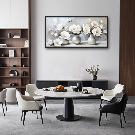 Large Farmhouse Floral Wall Art for Living Room, Framed Oversized White Flower Vase Wall Decor Grey Floral Canvas Painting Pictures Modern Artwork for Bathroom Bedroom Office Dining Room 60"x30"