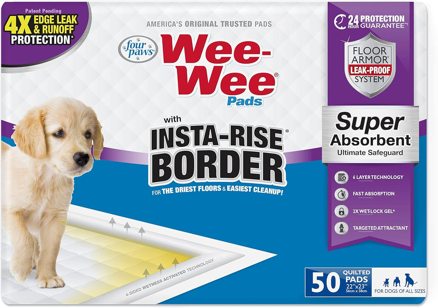 Four Paws Wee-Wee Super Absorbent Unscented Pee Pads for Dogs & Puppies with Insta-Rise Border, Leak-Proof Dog Housebreaking Potty Training Floor Protection, 22" x 23", 50 Count