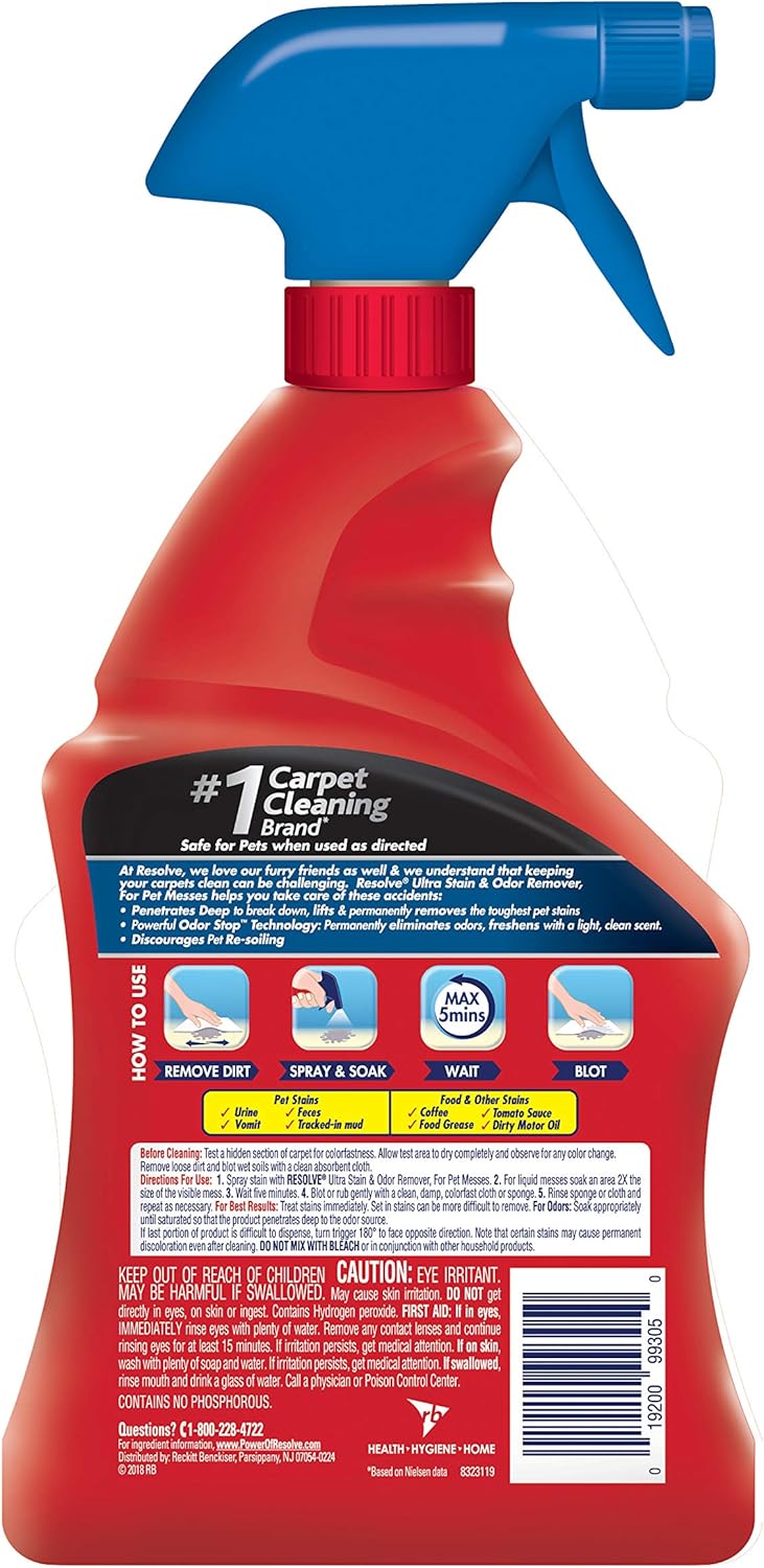 Resolve Ultra Pet Odor and Stain Remover Spray, Carpet Cleaner, 32oz (Pack of 2)