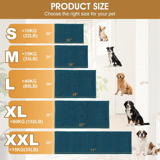 Extra Large Dog Door Mats for Muddy Paws, Chenille Absorbent Dog Mats, Non Slip Heavy Mud Mat for Dogs, Soft Pet Mat for Entryway, Mud Paws, Inside Floor,71" x 25", Teal Blue