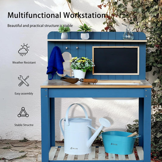 Kids Potting Bench Table Garden Workbench Outdoor Kids Garden Double-Layer Planting Table with Drawing Board Removable Sink,Wood Outdoor Play Kitchen for Toddlers,Backyard and Porch Blue