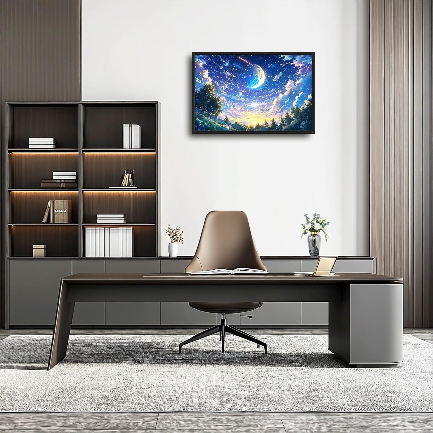 Framed Large Anime Sky Wall Art for Living Room, Oversized Fantasy Night Sky Forest Wall Decor Nature Canvas Painting Modern Artwork Home Decoration for Living Room Bedroom Office 36"x24"