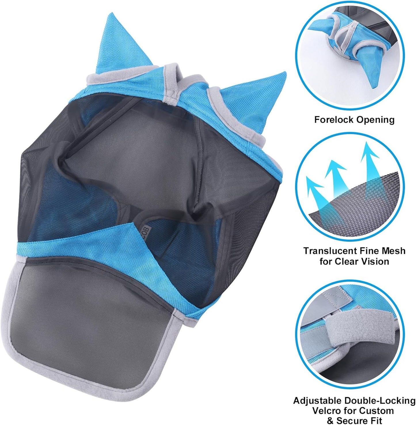 Horse Fly Mask with Ears & Long Nose Cover | Forelock Opening for Tangle-Free Mane Care | UV Protection & Breathable Mesh | No Rub Fit and Enhanced Visbility for Trail Riding Paleblue Pony