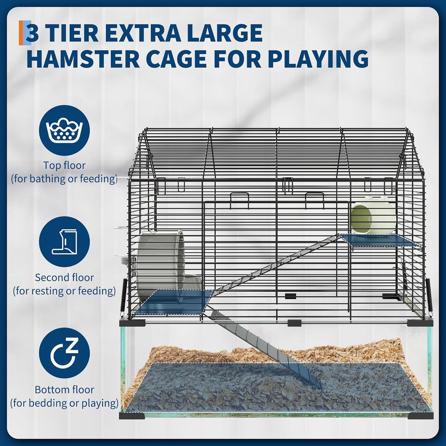 Large Hamster Cage with 7" Deep Tempered Glass Bottom, 3 Tiers Big Hamster Tank with Running Wheel, Hut, Water Bottle, Dish, Rat Cages for Syrian, Dwarf, Gerbils, Mouse, 22.83" x 15" x 21.25"