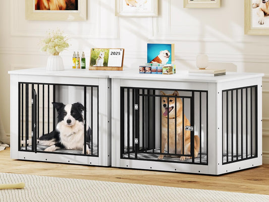YITAHOME 76 Inch Double Dog Crate Furniture, XXL Dog Crate Furniture for 2 Dogs, Side End Table, Waterproof Top, Safety Corners, 2-in-1 Iron-Wood Fusion Dog Kennel Furniture for 2 Large Dogs,White