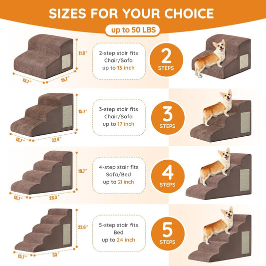 Pet Stairs, Dog Stairs for Small Dogs, Dogs Steps, 3-Step Curved Dog Ramp for Bed, Couch, Sofa, Car and Chair, Non-Slip Bottom Design, Cat Scratching Board, High Density Foam Portable Pet Step, Coffee