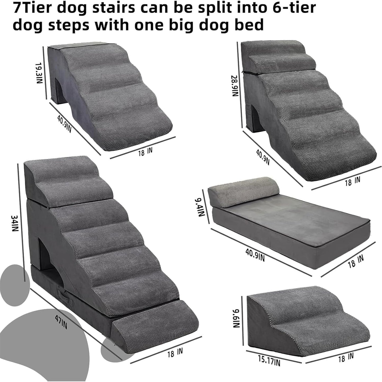 Foam Dog Stairs & Steps Ramps for High Beds 30-36 inches High Tall Large Dogs, LitaiL 7 Step Pet Stairs Steps for High Beds 30 inch Small Dogs, Non-Slip Dog Ramps for Bed