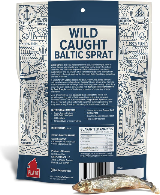PLATO Pet Treats Fish Dog Treats - Air-Dried, Single Ingredient Dog Treat - with Omega 3 & 6 Fatty Acids to Support Skin and Coat - 100% Whole Fish - Wild Caught Baltic Sprat Dog Treats - 7.5 oz