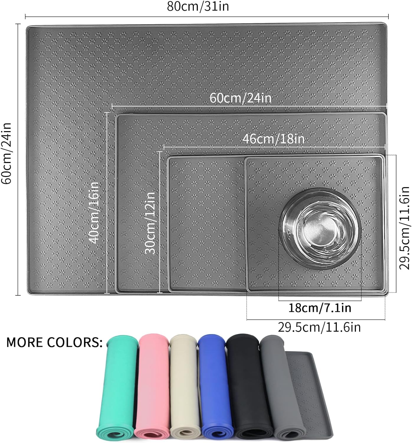 Ptlom Pet Placemat for Dog and Cat, Mat for Prevent Food and Water Overflow, Suitable for Small, Medium and Big Pet,24.5" 16.5", Grey