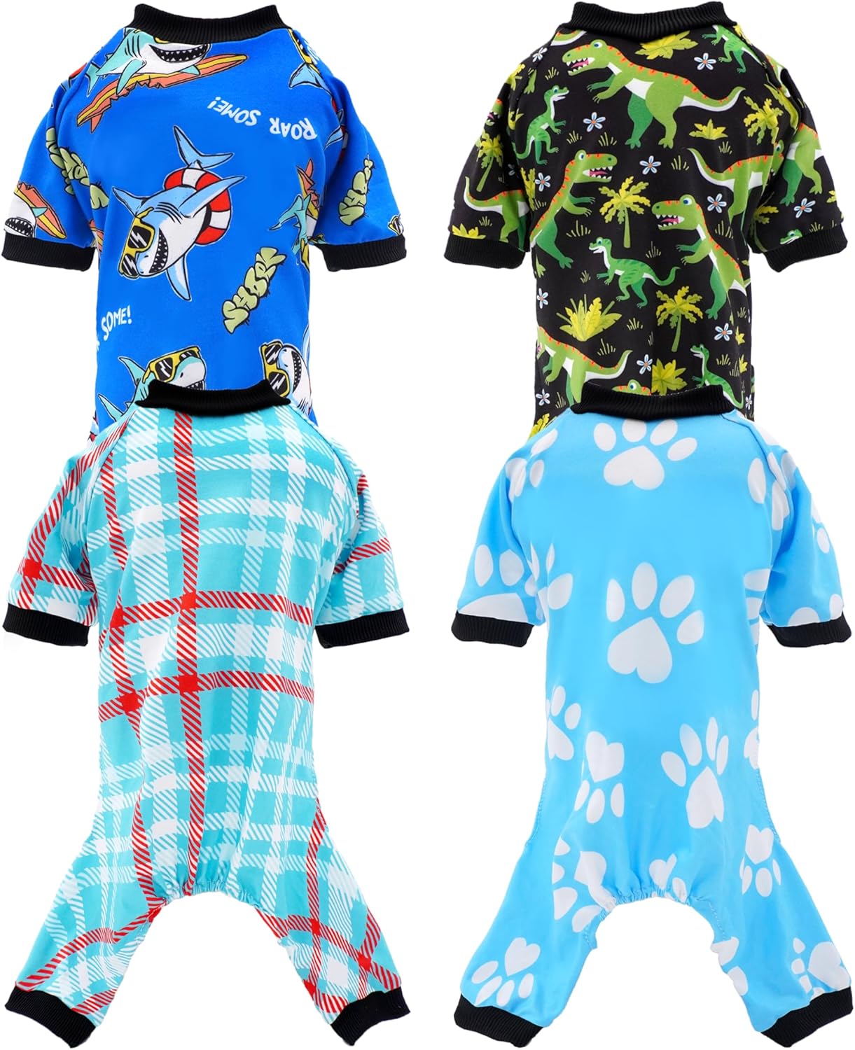 PET SHOW 4 Pack Dog Pajamas Dinosaur Shark for Extra Large Dogs Boy Soft Stretchy PJs Plaid Jumpsuit Dog Paw Onesies Outfits with Sleeve Pets Breathable Summer Clothes Costume XXXL