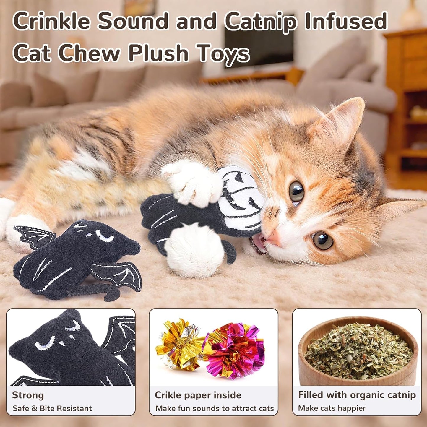 Retro Shaw 4Pcs Cat Toys, Horror Catnip Crinkly Sound Kitten Toys, Interactive Indoor Cat Chew Kitty Kicker Toy for All Breeds 3.7 Inches