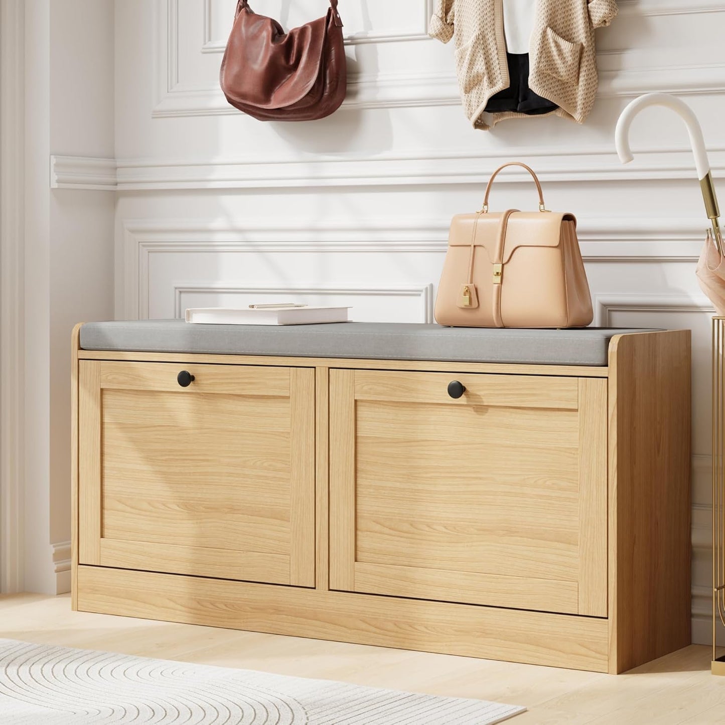 MHOM Oak Modern Entryway Bench with 2 Flip Drawers, Shoe Rack with Padded Seat Cushion, Wooden Storage Bench for Bedroom and Apartment