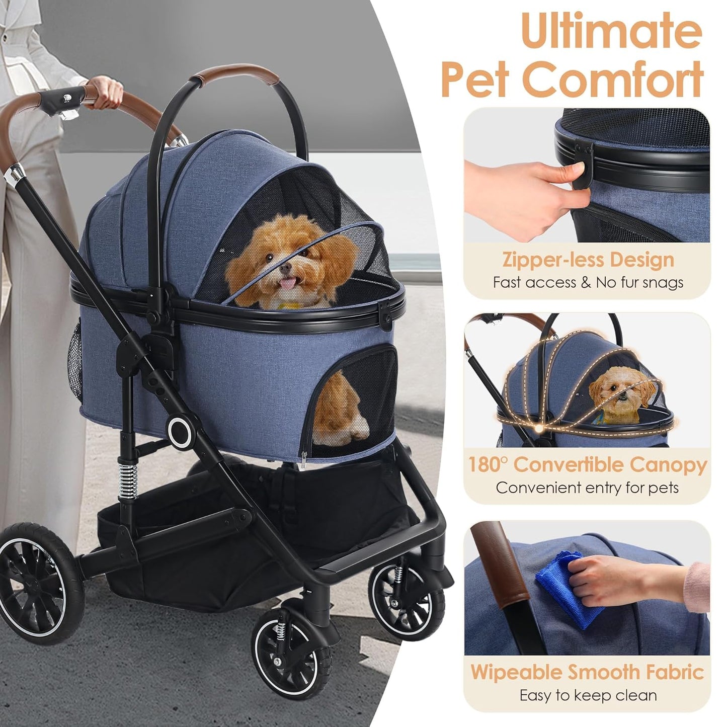 Pet Stroller with 4 Wheels, 3 in 1 Folding Puppy Strollers for Small/Medium Dogs Cats up to 50lbs, Lightweight Pet Travel Carrier with Detachable Cushion, Storage Basket and Cup Holder, Blue