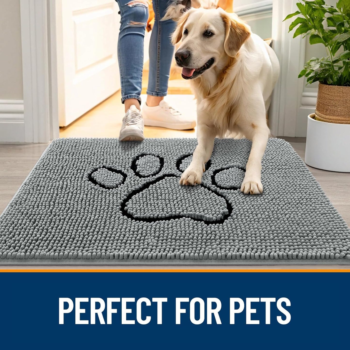 OLANLY Door Mat for Muddy Dog Paws 59x32, Ultra Absorbent Chenille Mud Doormat with Paw Print Design, Non-Slip Washable Doormat for Indoor Entryway, Quick-Dry Pet Bed Mats for Dirty Dogs, Grey